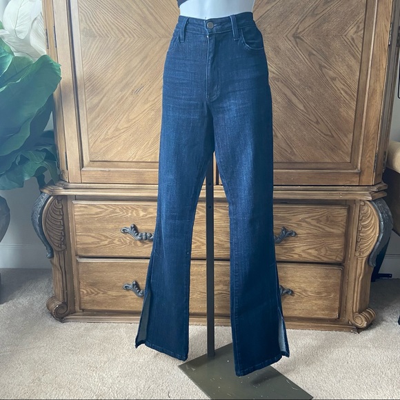 Fashion Nova Dark Denim Split Leg Bell Bottom Jeans White Flare - Picture 3 of 8